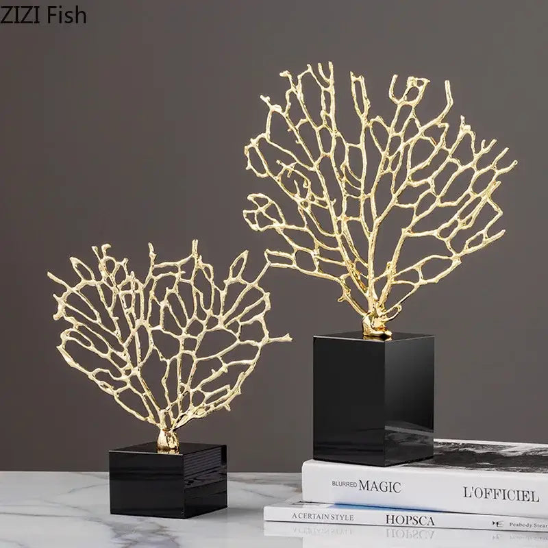 Modern golden alloy coral crafts on crystal base living room decor