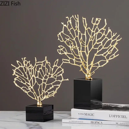 Modern golden alloy coral crafts on crystal base living room decor