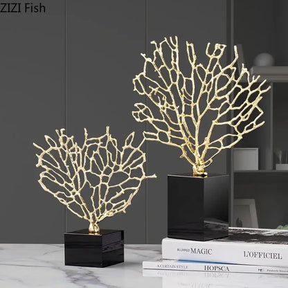 Modern golden alloy coral crafts on crystal base living room decor