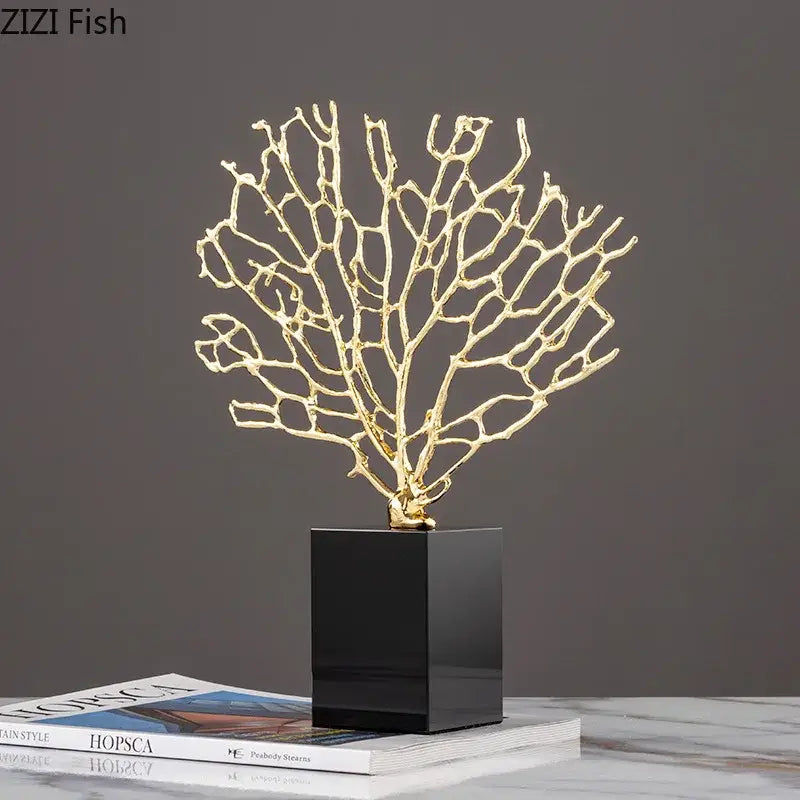 Modern golden alloy coral crafts on crystal base living room decor