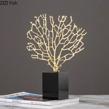 Modern golden alloy coral crafts on crystal base living room decor