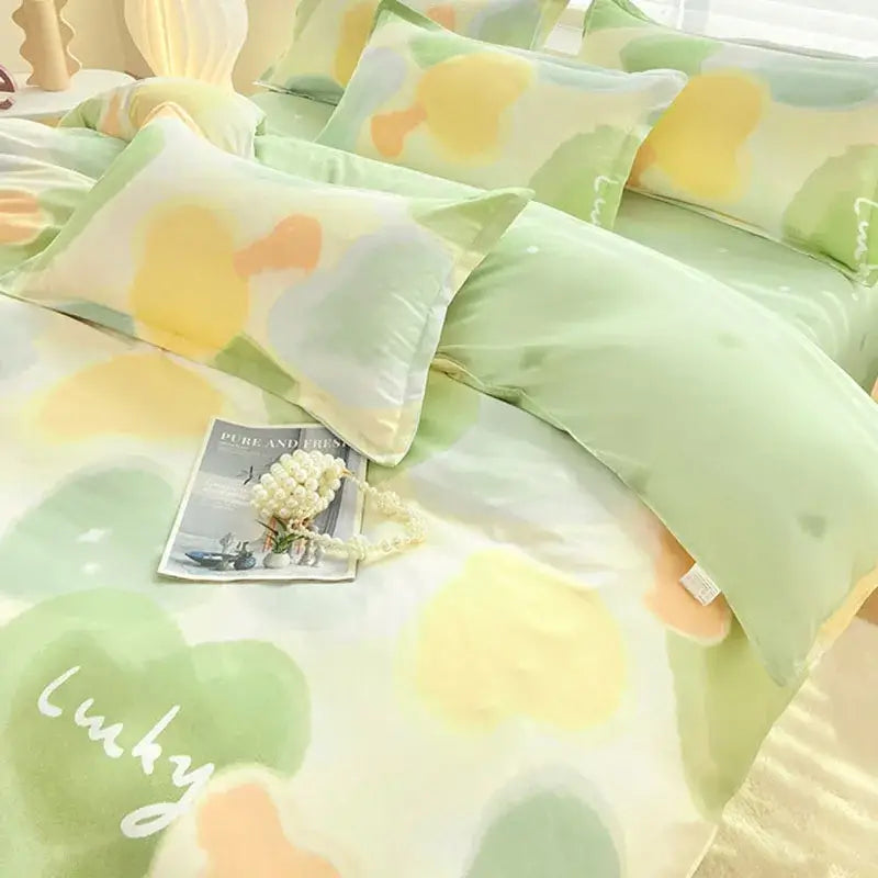 Abstract green & yellow aloe cotton printed bedding set bedroom