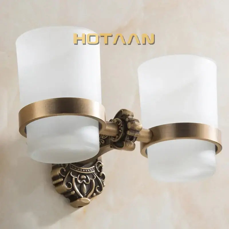 Antique brass double tumbler holder bathroom light with frosted glass