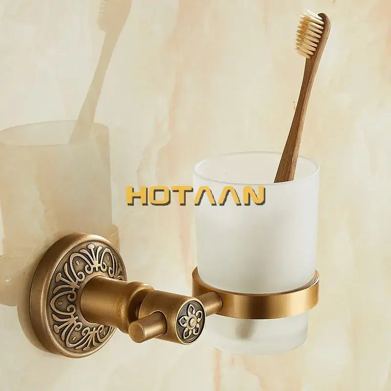 Antique brass floral cup holder bathroom wall mounted towel ring