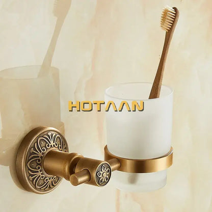Antique brass floral cup holder bathroom wall mounted towel ring