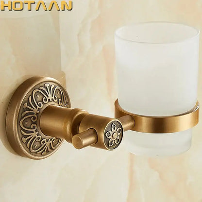 Antique brass floral cup holder bathroom wall mounted towel ring