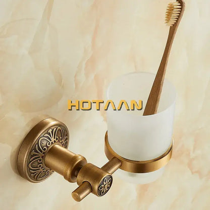Antique brass floral cup holder bathroom wall mounted towel ring