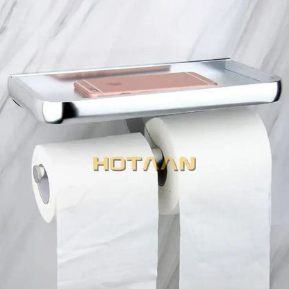 Modern chrome toilet paper holder with bathroom shelf