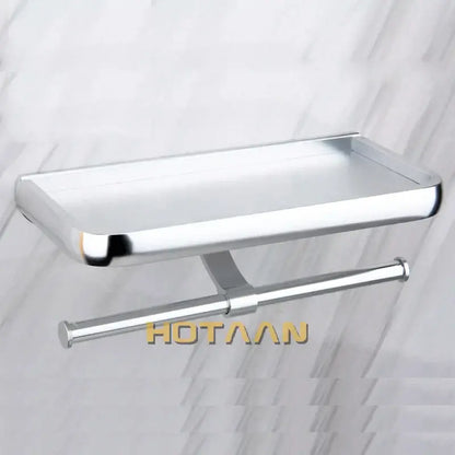 Modern chrome toilet paper holder with bathroom shelf