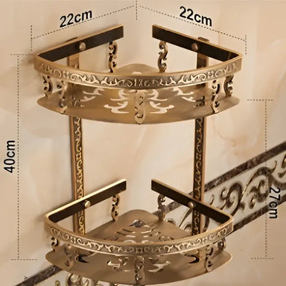 Antique gold ornate two tier bathroom corner shelf with towel bar