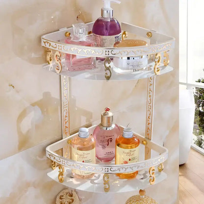 Antique gold ornate two tier bathroom corner shelf with towel bar