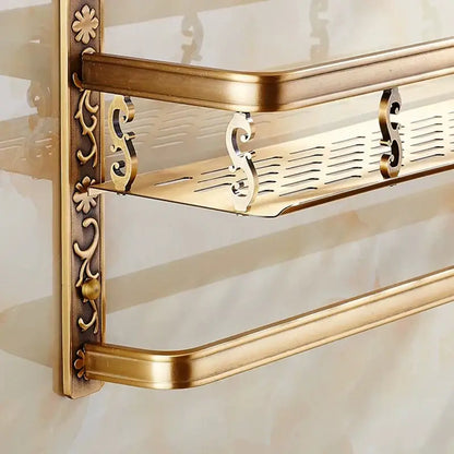 Antique gold ornate two tier bathroom corner shelf with towel bar