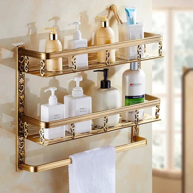 Antique gold ornate two tier bathroom corner shelf with towel bar