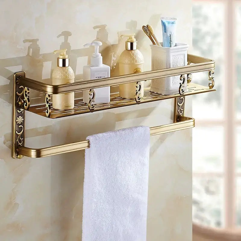 Antique gold ornate two tier bathroom corner shelf with towel bar