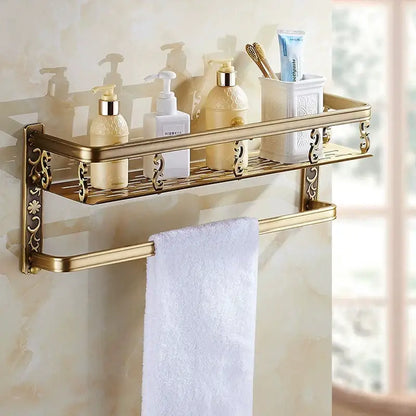 Antique gold ornate two tier bathroom corner shelf with towel bar