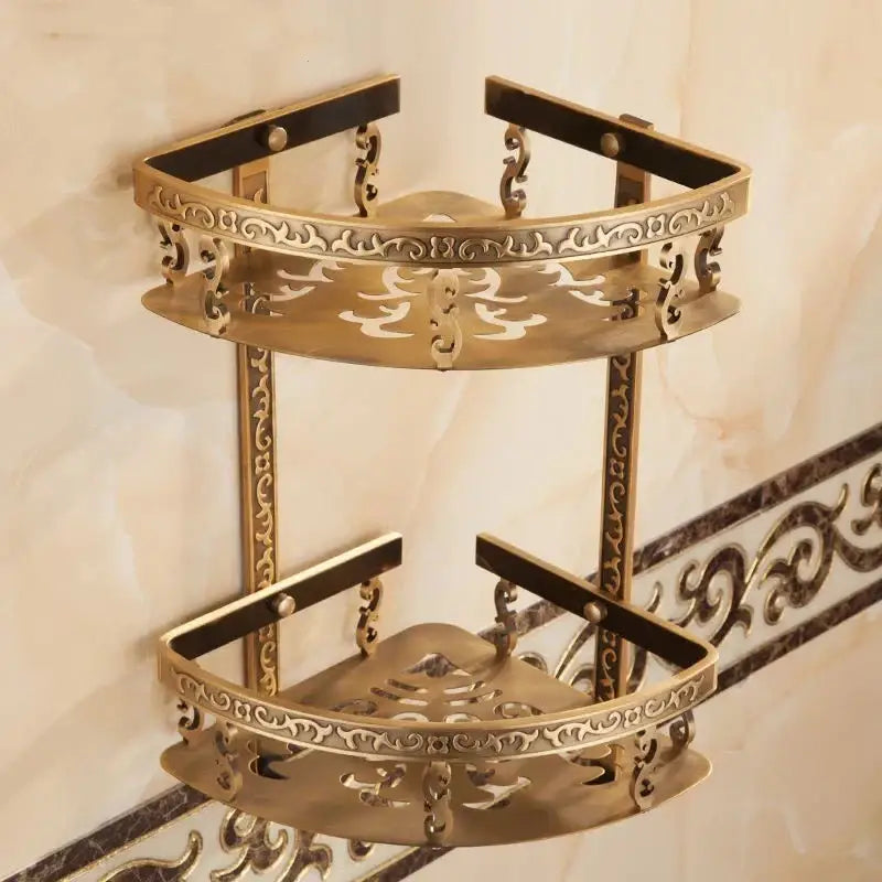 Antique gold ornate two tier bathroom corner shelf with towel bar