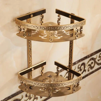 Antique gold ornate two tier bathroom corner shelf with towel bar