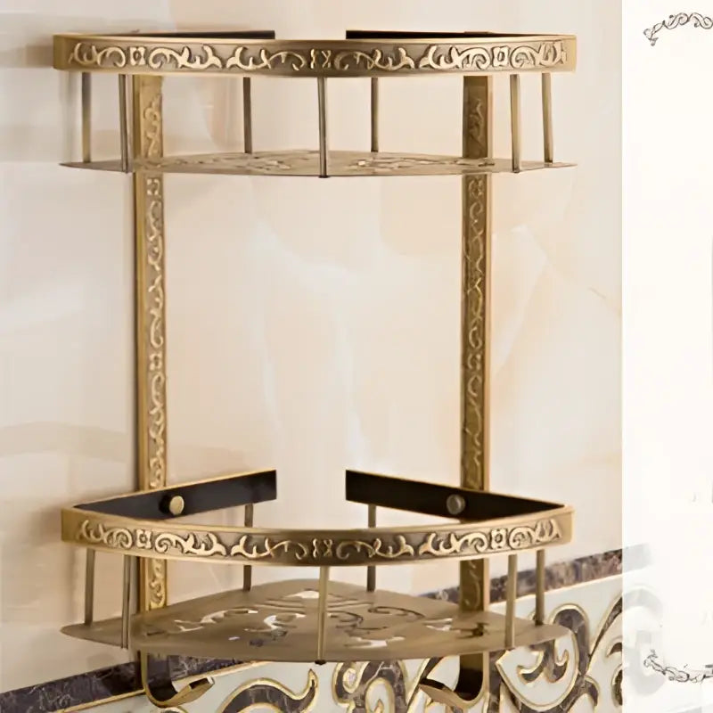 Antique gold ornate two tier bathroom corner shelf with towel bar
