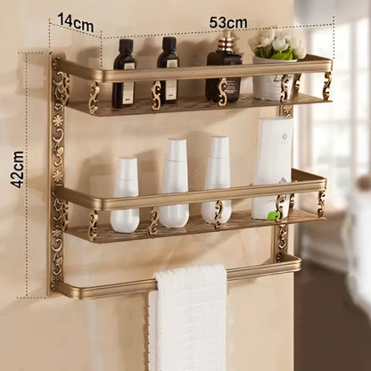 Antique gold ornate two tier bathroom corner shelf with towel bar