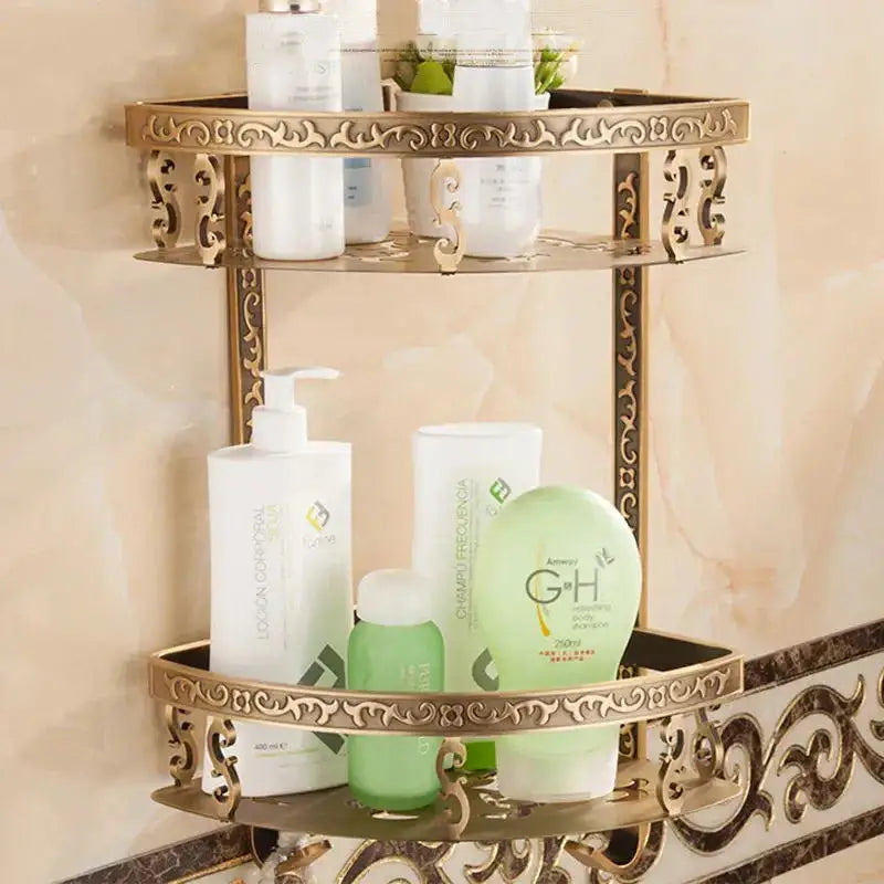 Antique gold ornate two tier bathroom corner shelf with towel bar