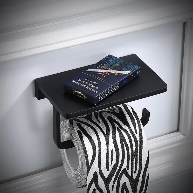 Modern black aluminum bathroom paper holder with phone shelf