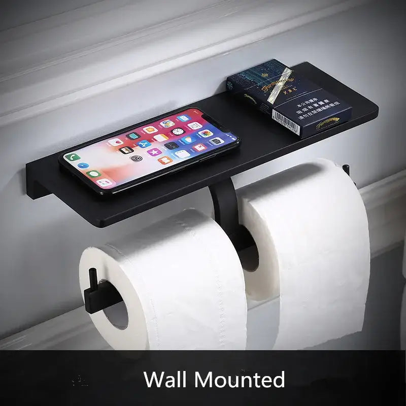 Modern black aluminum bathroom paper holder with phone shelf