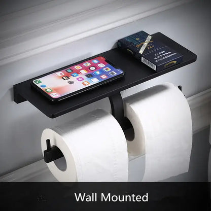 Modern black aluminum bathroom paper holder with phone shelf