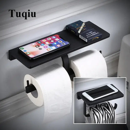 Modern black aluminum bathroom paper holder with phone shelf