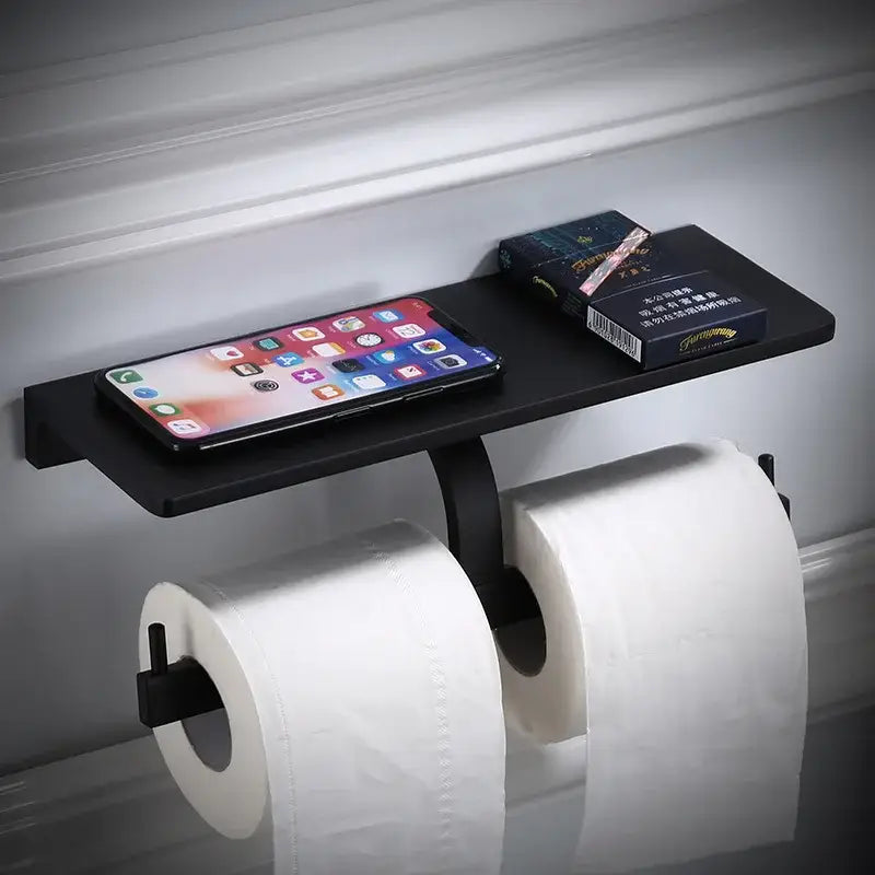 Modern black aluminum bathroom paper holder with phone shelf