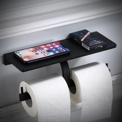 Modern black aluminum bathroom paper holder with phone shelf