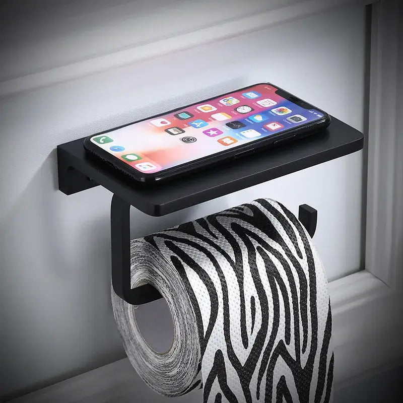 Modern black aluminum bathroom paper holder with phone shelf