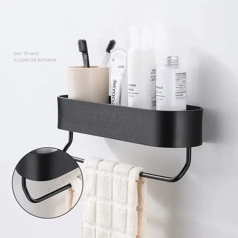 Black aluminum bathroom shelf with towel bar – bathroom organizer