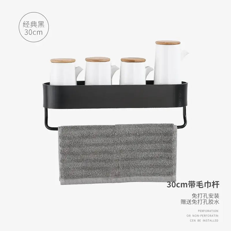 Black aluminum bathroom shelf with towel bar – bathroom organizer