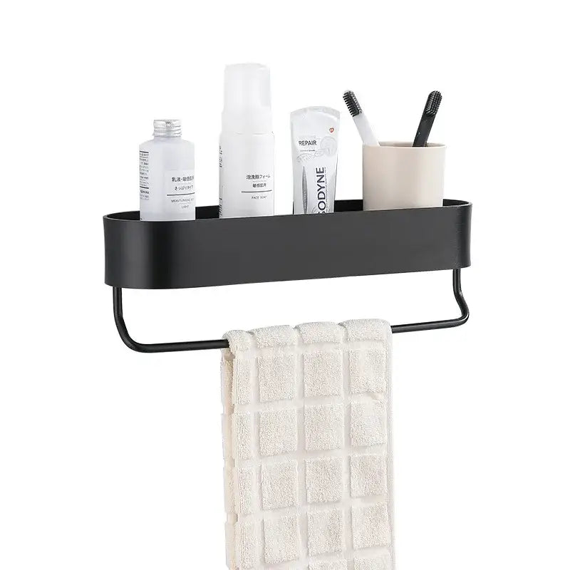 Black aluminum bathroom shelf with towel bar – bathroom organizer