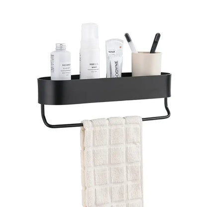 Black aluminum bathroom shelf with towel bar – bathroom organizer