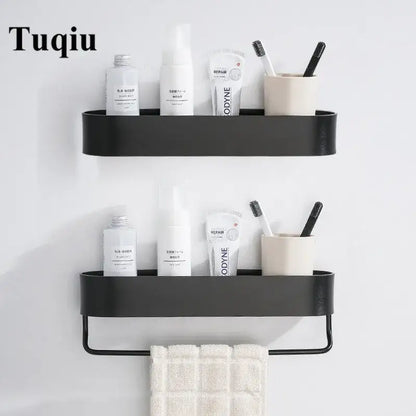 Black aluminum bathroom shelf with towel bar – bathroom organizer