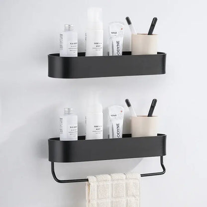 Black aluminum bathroom shelf with towel bar – bathroom organizer