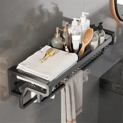 Black aluminum bathroom towel holder with mesh storage basket