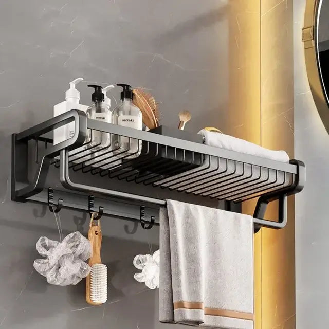 Black aluminum bathroom towel holder with mesh storage basket