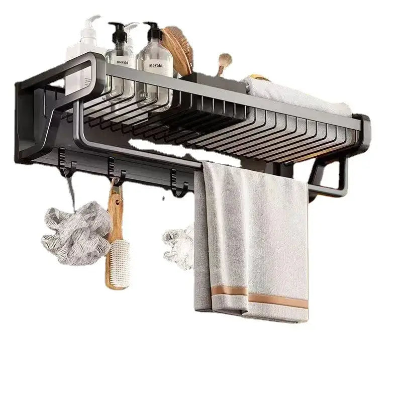 Black aluminum bathroom towel holder with mesh storage basket