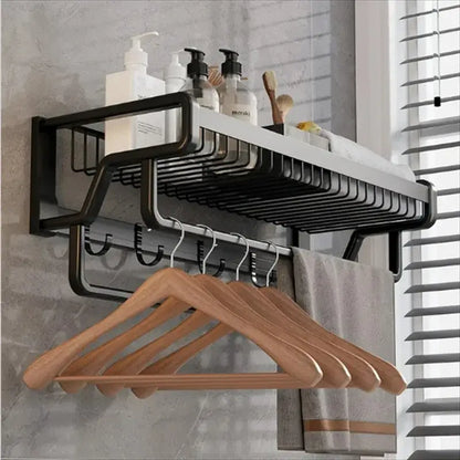 Black aluminum bathroom towel holder with mesh storage basket