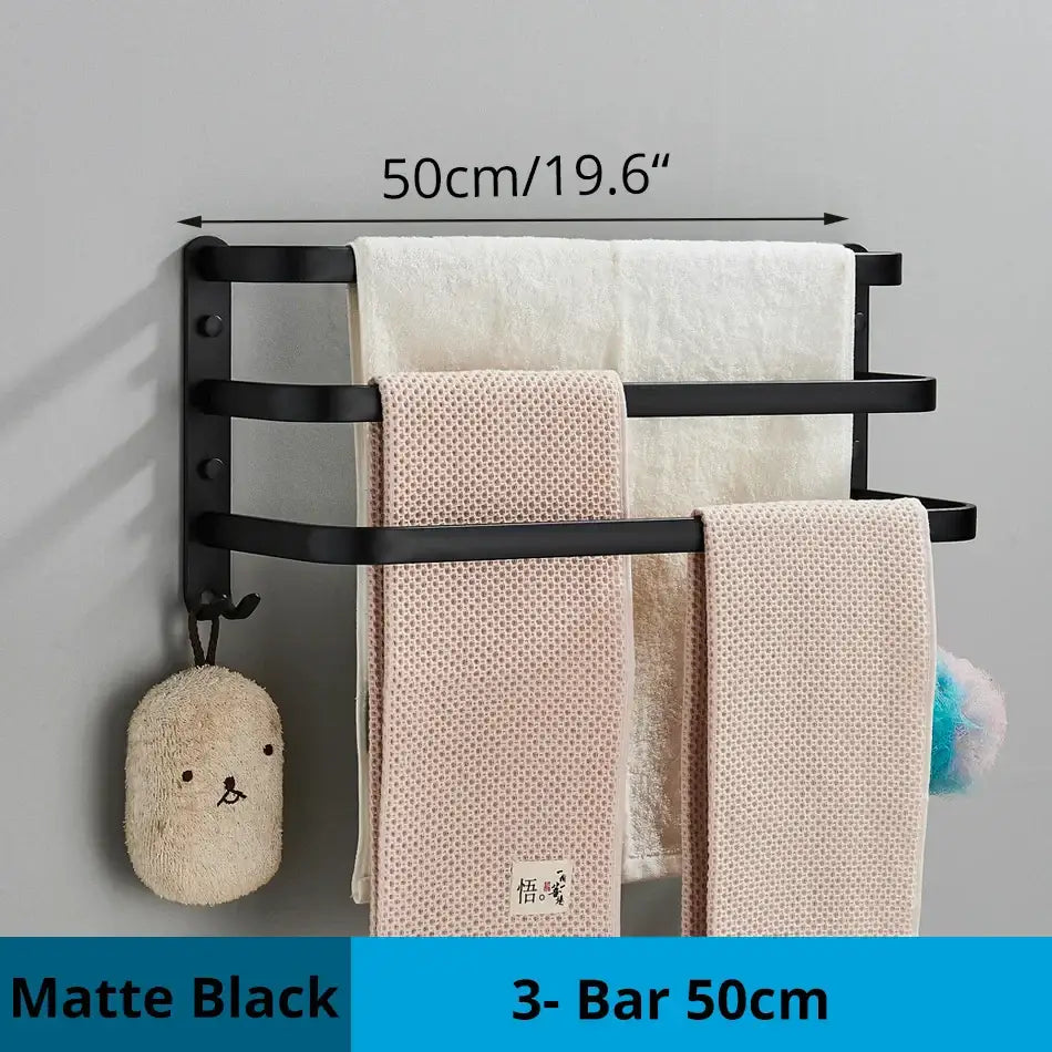 Modern black aluminum triple tier bathroom towel rack with hooks