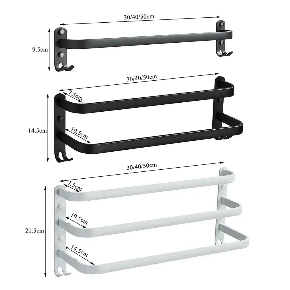 Modern black aluminum triple tier bathroom towel rack with hooks
