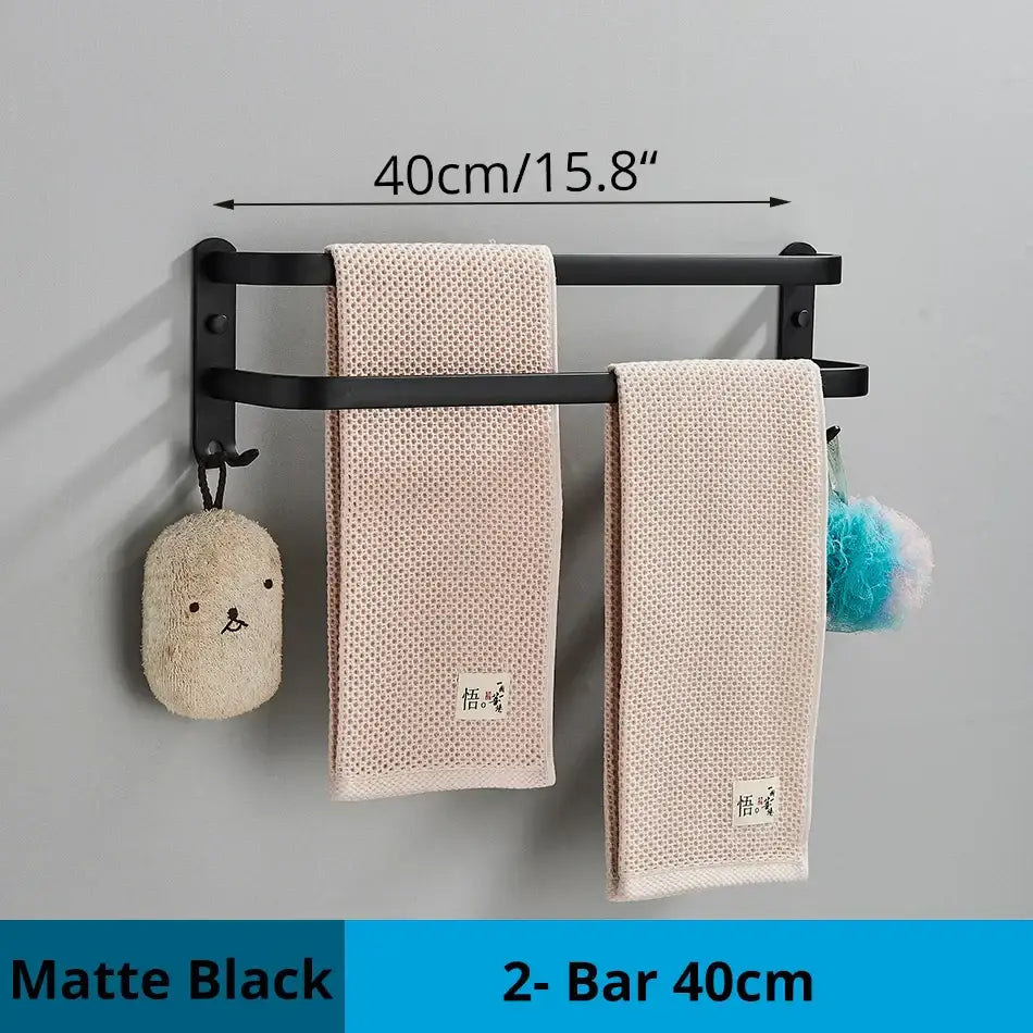 Modern black aluminum triple tier bathroom towel rack with hooks