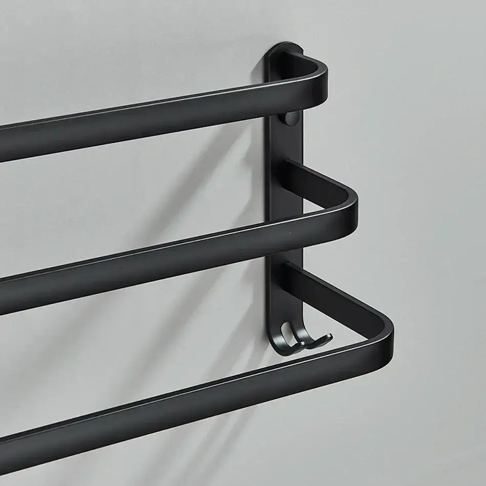 Modern black aluminum triple tier bathroom towel rack with hooks