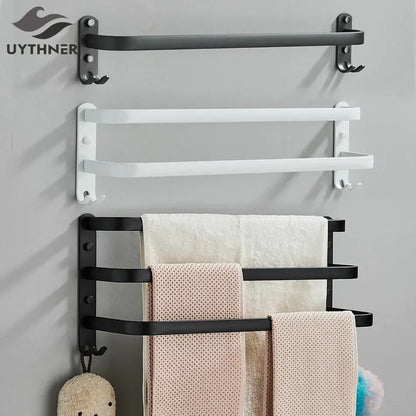 Modern black aluminum triple tier bathroom towel rack with hooks