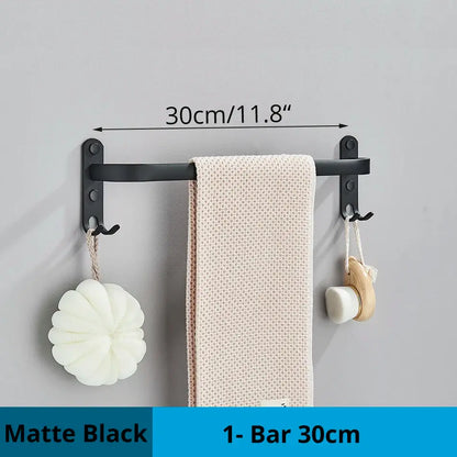 Modern black aluminum triple tier bathroom towel rack with hooks