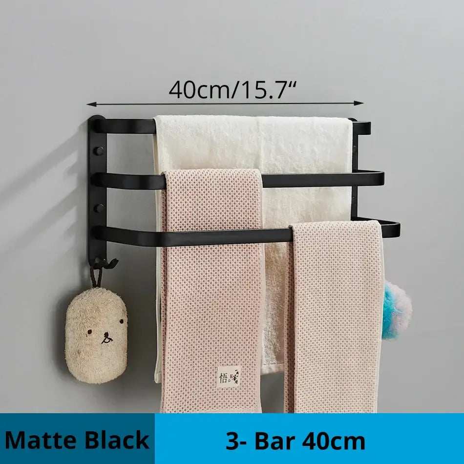 Modern black aluminum triple tier bathroom towel rack with hooks