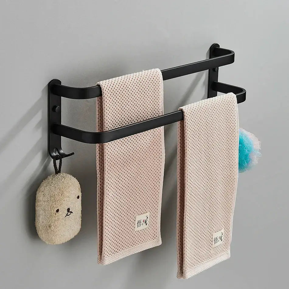 Modern black aluminum triple tier bathroom towel rack with hooks