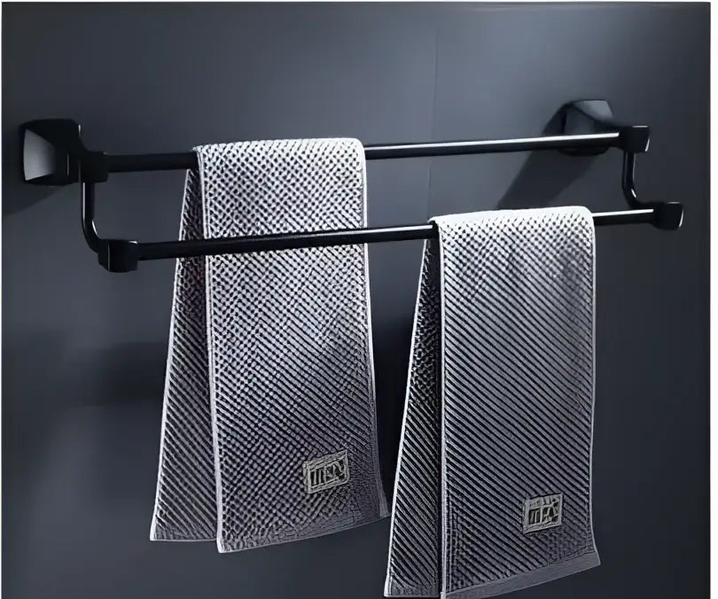 Matte black aluminum bathroom hardware set with towel rack and brush holder